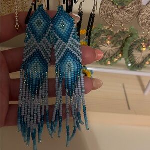 Blue Beaded Fringe Earrings